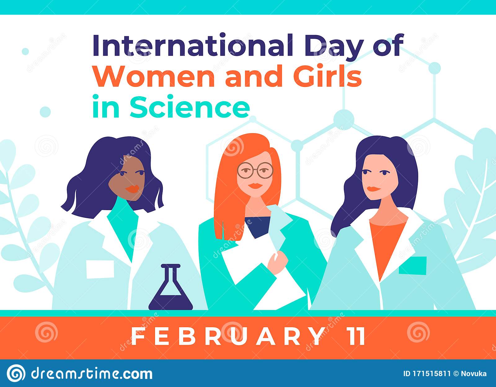 international day women girls science february vector illustration three beautiful female scientists trendy flat design 171515811